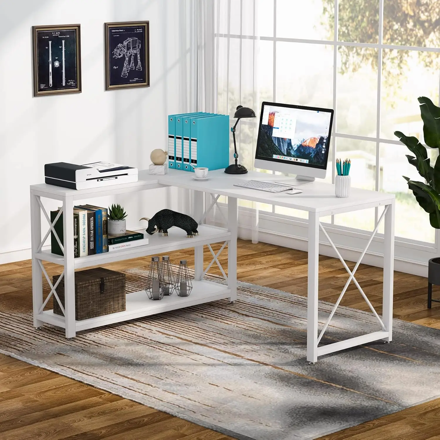 Reversible Industrial L-Shaped Desk with Storage Shelves, Corner Computer Desk PC Laptop Study Table Workstation