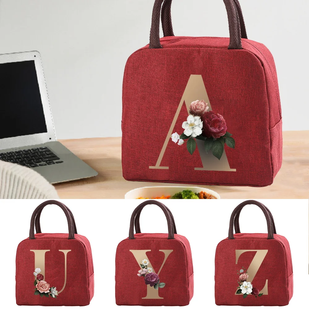 

Insulated Lunch Bag for Women Kids Cooler Bag Thermal Portable Pack Tote 26 Letter Print Food Picnic Bags Red Lunch Box for Work