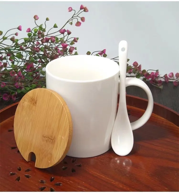 Premium Coffee Tea Milk Sublimation Treatment Ceramic Cup With Bamboo Lid And Spoon