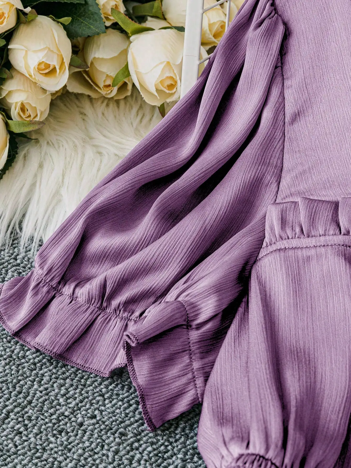 Elegant Purple Pleated Top - A-Line Waist Design with Flared Sleeves for Slimming Effect Plus Size Women's Fashion view 4