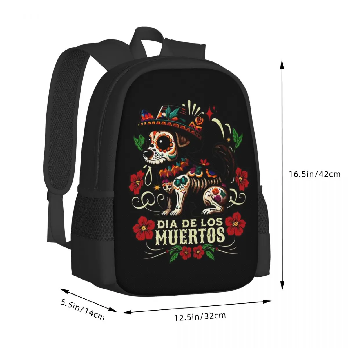 Text 'Dia De Los Muertos' With Cute Dog Wearing A Hat Backpack School Bag Hiking Travel Daypack Fashion Bookbag Shoulder Bags