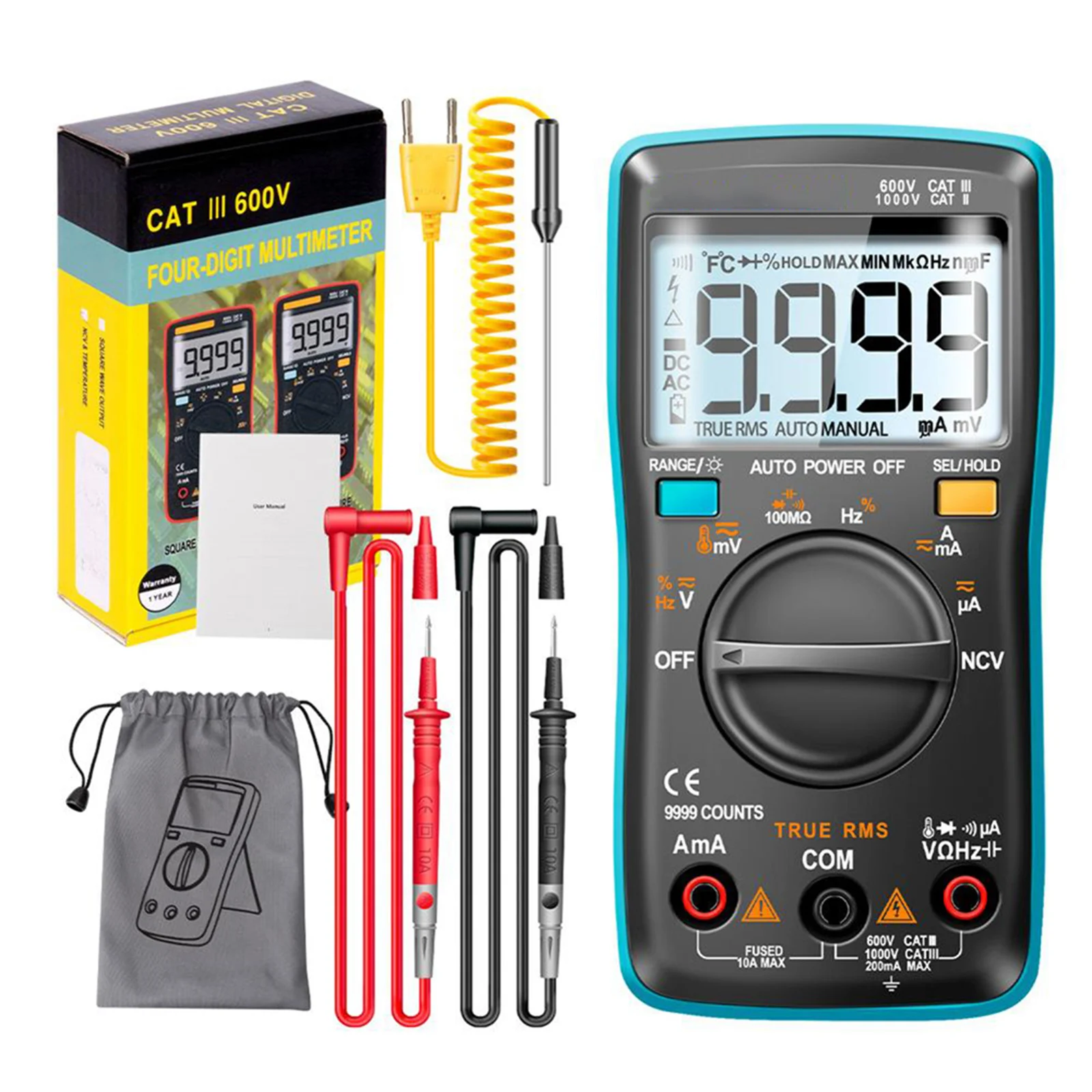 AN8009 Digital Multimeter ACDC Voltage and Current Tester with 9999 Counts HD Backlight Display Data Retention Auto Shutdown