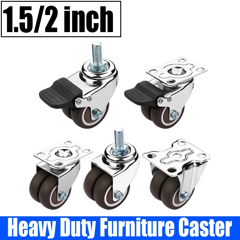 4PCS 1.5/2 Inch Double Wheel Furniture Caster Soft Rubber Universal Wheel Heavy Duty Swivel Caster Mute Furniture Trolley Wheel