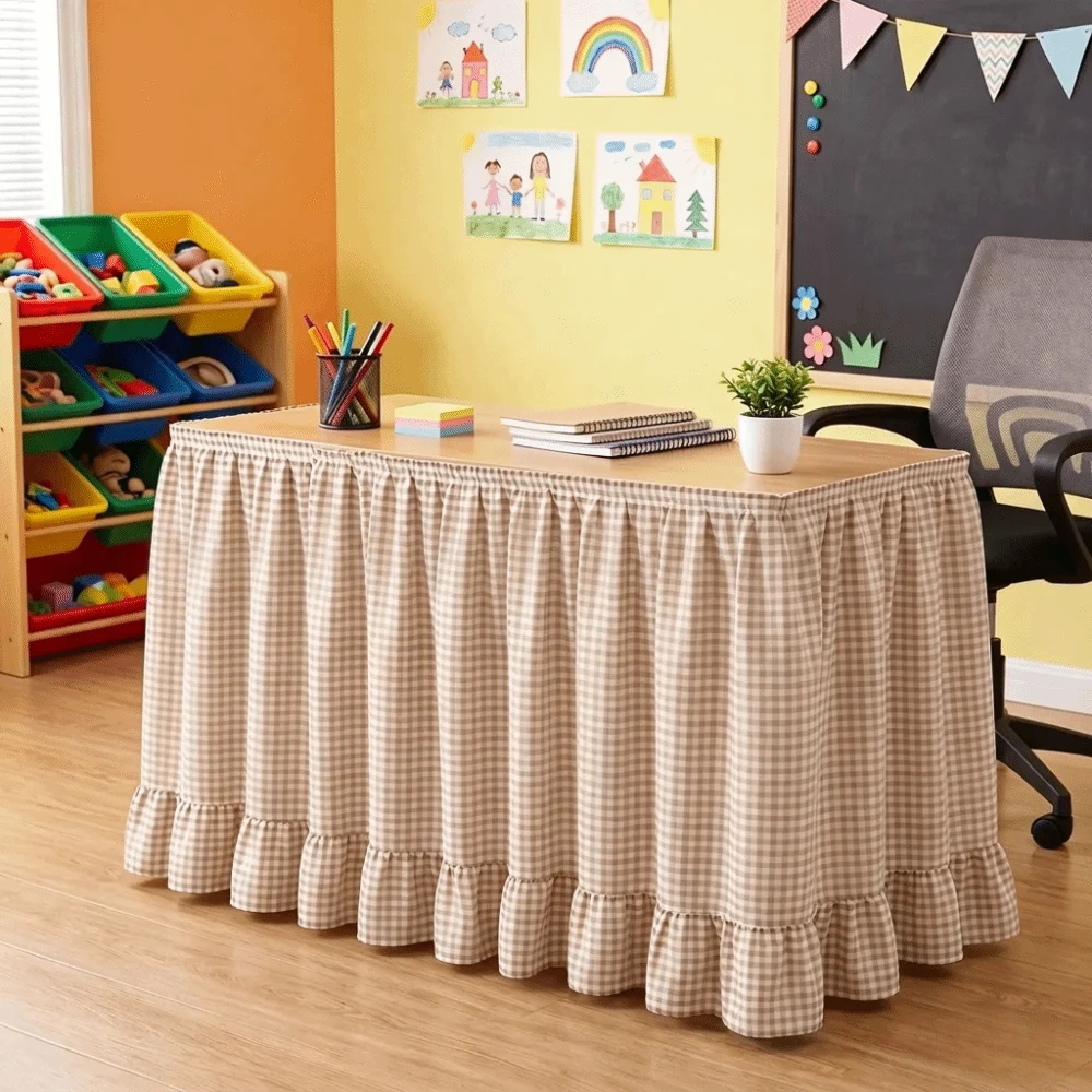 Rural Ruffled Edge Gingham Table Skirt 72in Hook and Loop Table Wrap One-Piece Washable Teacher Desk Skirt Party