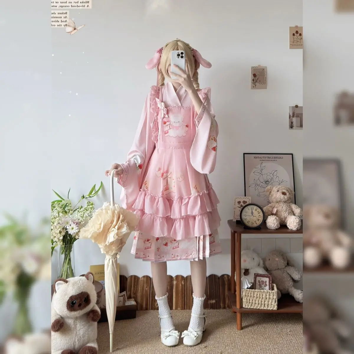 

NONSAR Japanese-style Lolita long-sleeved dress in short length, pink color, Lolita princess-style dress