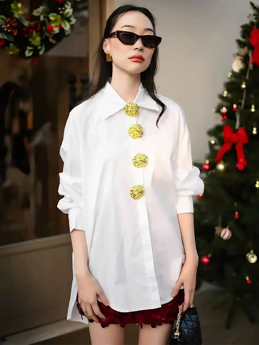

2025 Luxury Women's Tops New Trend Luxury Style Oversized Long Sleeve Cotton Shirts Blouses Available White Black Woman Clothing