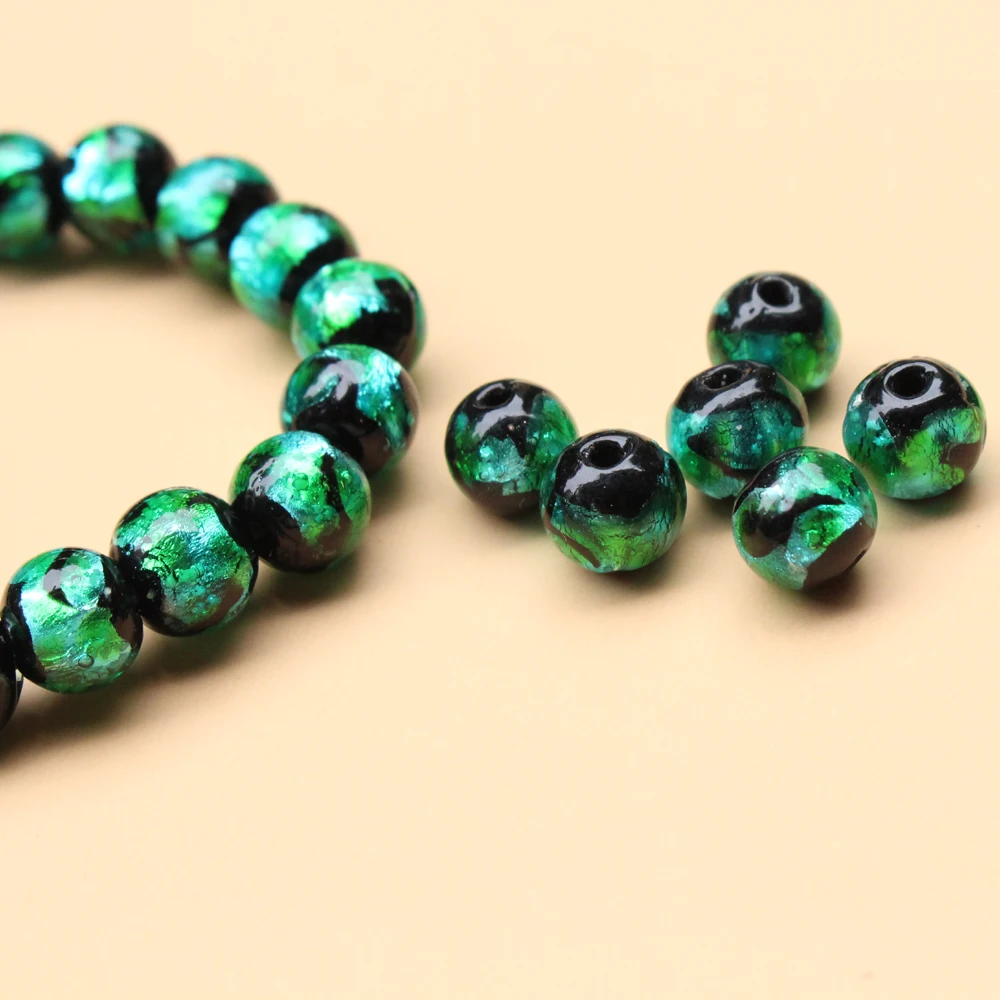 10pcs Luminous Lampwork Beads Glow In Dark Handmade 8 10 12mm Lampwork Glass Foil Beads Teal Green Color for Jewelry Making