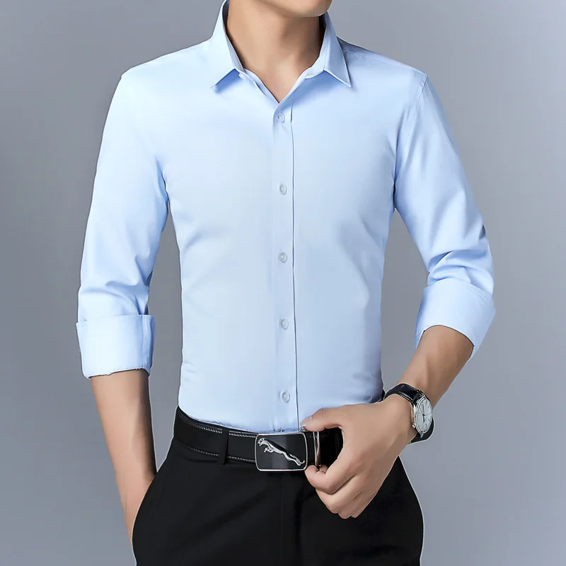 Camisa monocromática de manga longa masculina, slim fit, moda coreana, juventude, negócios, vestido de luxo, camisas masculinas