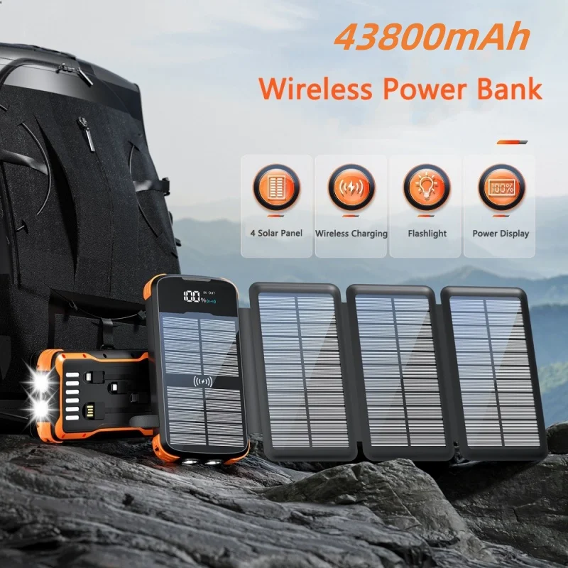 

43800mAh Wireless Solar Power Bank PD 20W Fast Charging with Solar Panel for iPhone 16 Samsung Xiaomi Powerbank with LED light