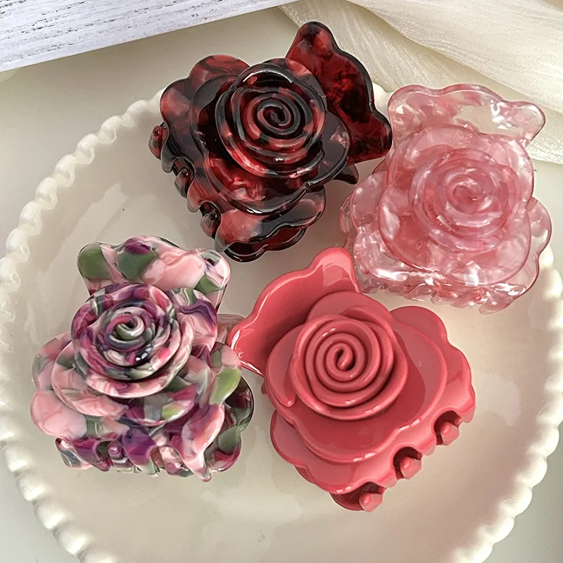 Muweordy French Vintage Rose Hair Claw Acetate Claw Clip Small Stereoscopic Flower Hair Clip for Girl Hair Accessories for Women