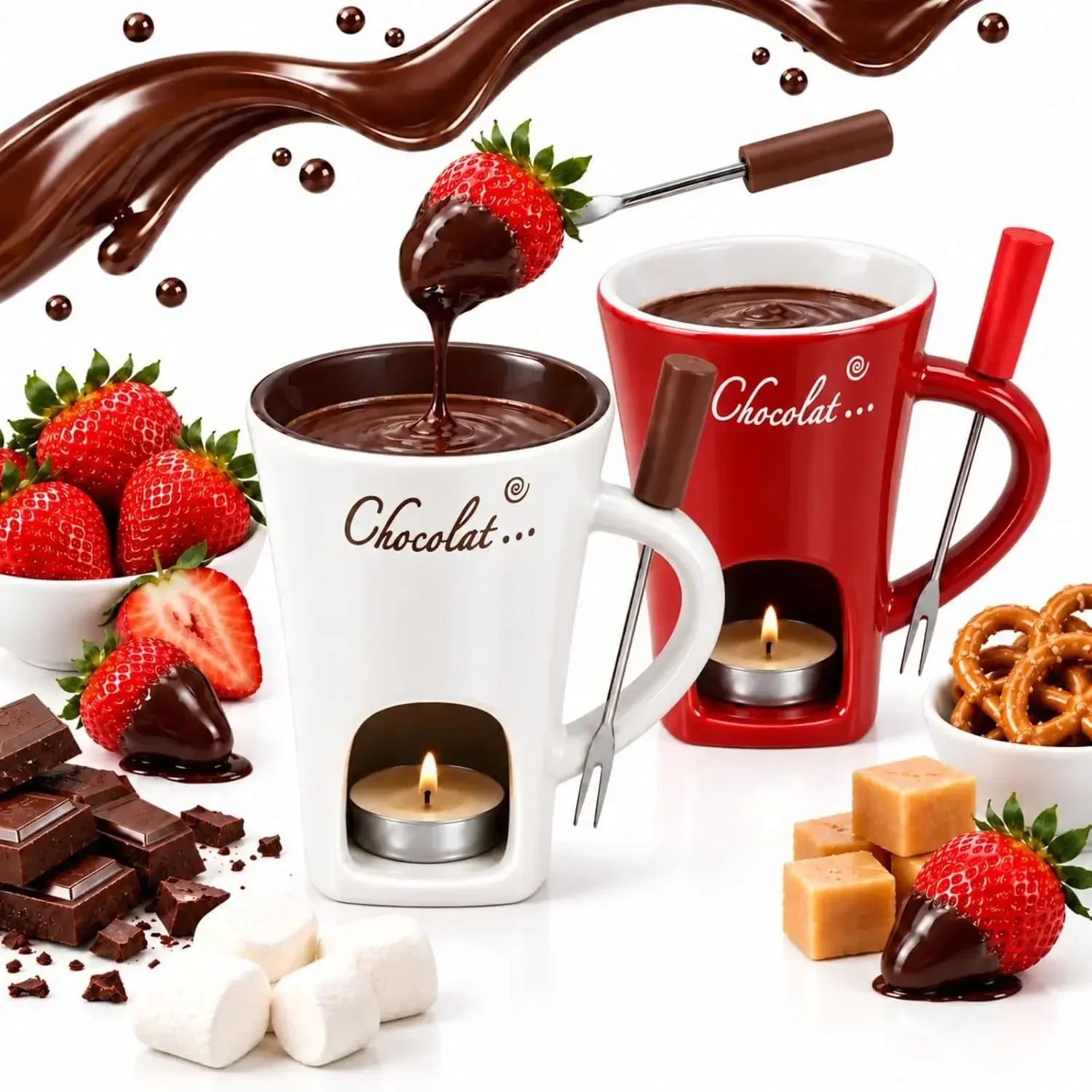 Chocolate Melting Cup Chocolate Melting Fondue Mug Ceramic Butter Warmer Pot Chocolate Melting Supplies with Fork for Kitchen
