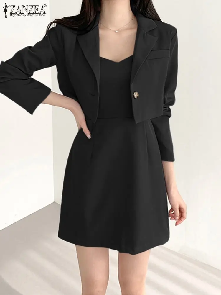 ZANZEA-Blazer à revers à manches longues pour femmes, robe à bretelles élégantes, ensembles de documents monochromes, décontracté, fête, ensembles assortis, mode trempée, printemps, 2 pièces