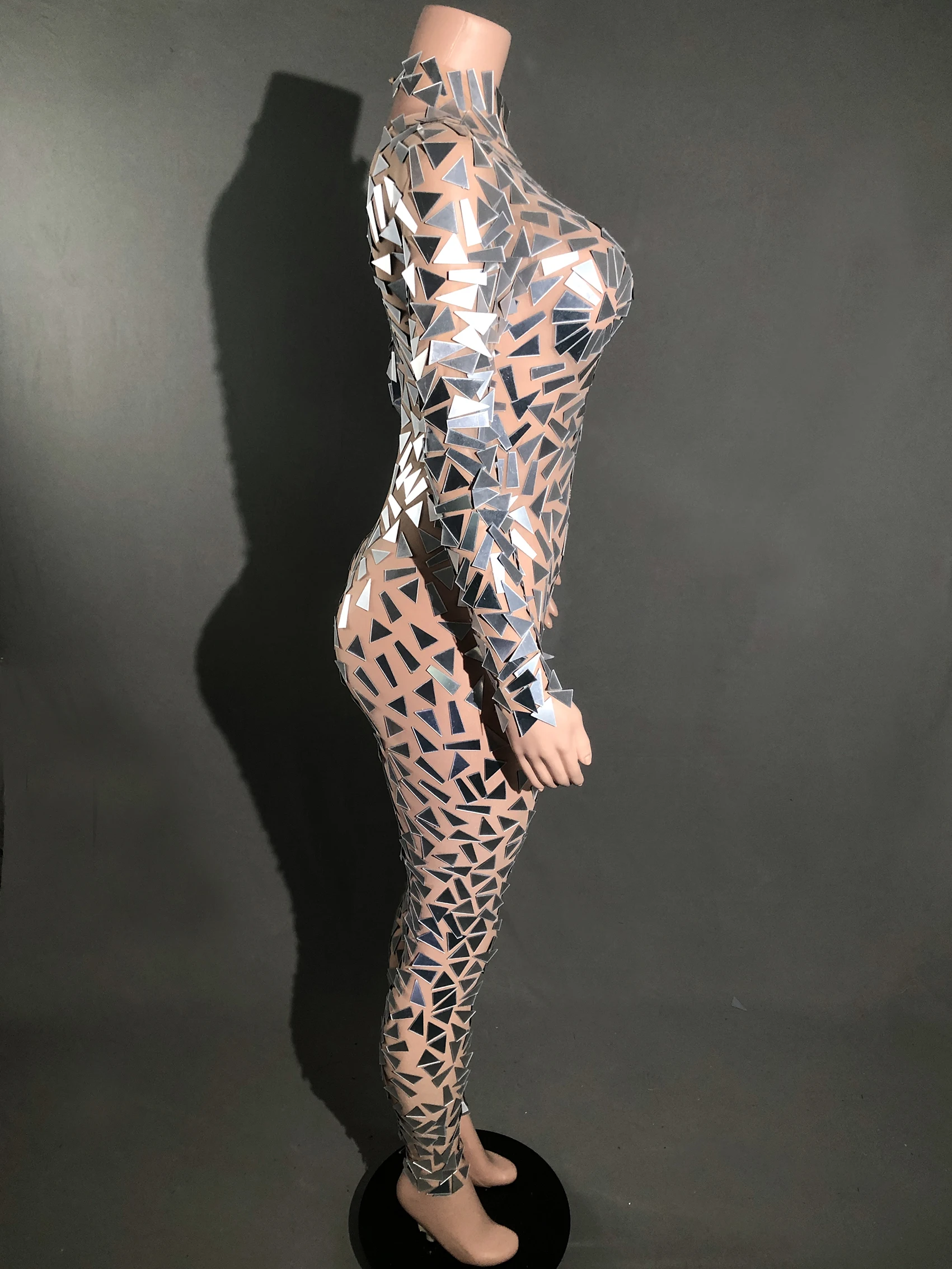 see through sheer fabric jumpsuit long sleeved pants lens high collar hanging neck stage performance costume