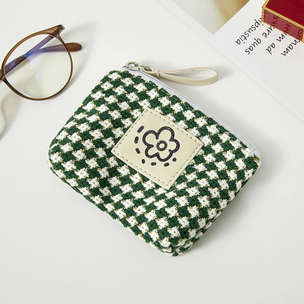 

New Cartoon Flower Small Wallet Mini Solid Color Storage Bag Grid Pattern Key Case Women Girl