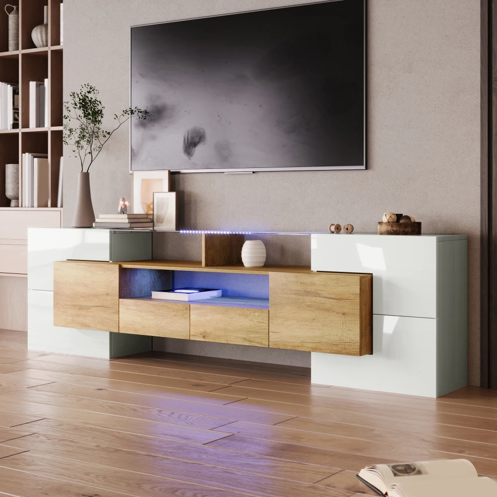 200 cm stilvolles weißes Hochglanz-TV-Lowboard-Schrank, modernes Design, elegante Glasoberfläche, Wohnzimmer-Fernseh-Aufbewahrungsschrank, Haushalts-Unterhaltungsmöbel für die Inneneinrichtung.