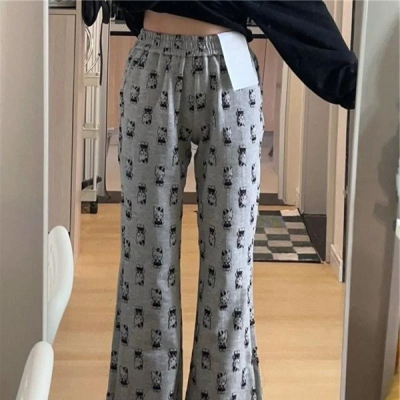 Hello Kitty New Sanrio Anime Pants Cute Cartoon Flare Pants with Loose Drape Slimming Lovely Waisted Casual Pants Girl Toys