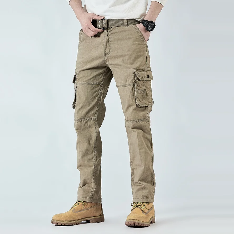 2025 Men's Cargo Pants Straight Leg Cotton Stretch Tactical Trouser Male Military Outdoor Camping Fishing Casual Work Wear Khaki