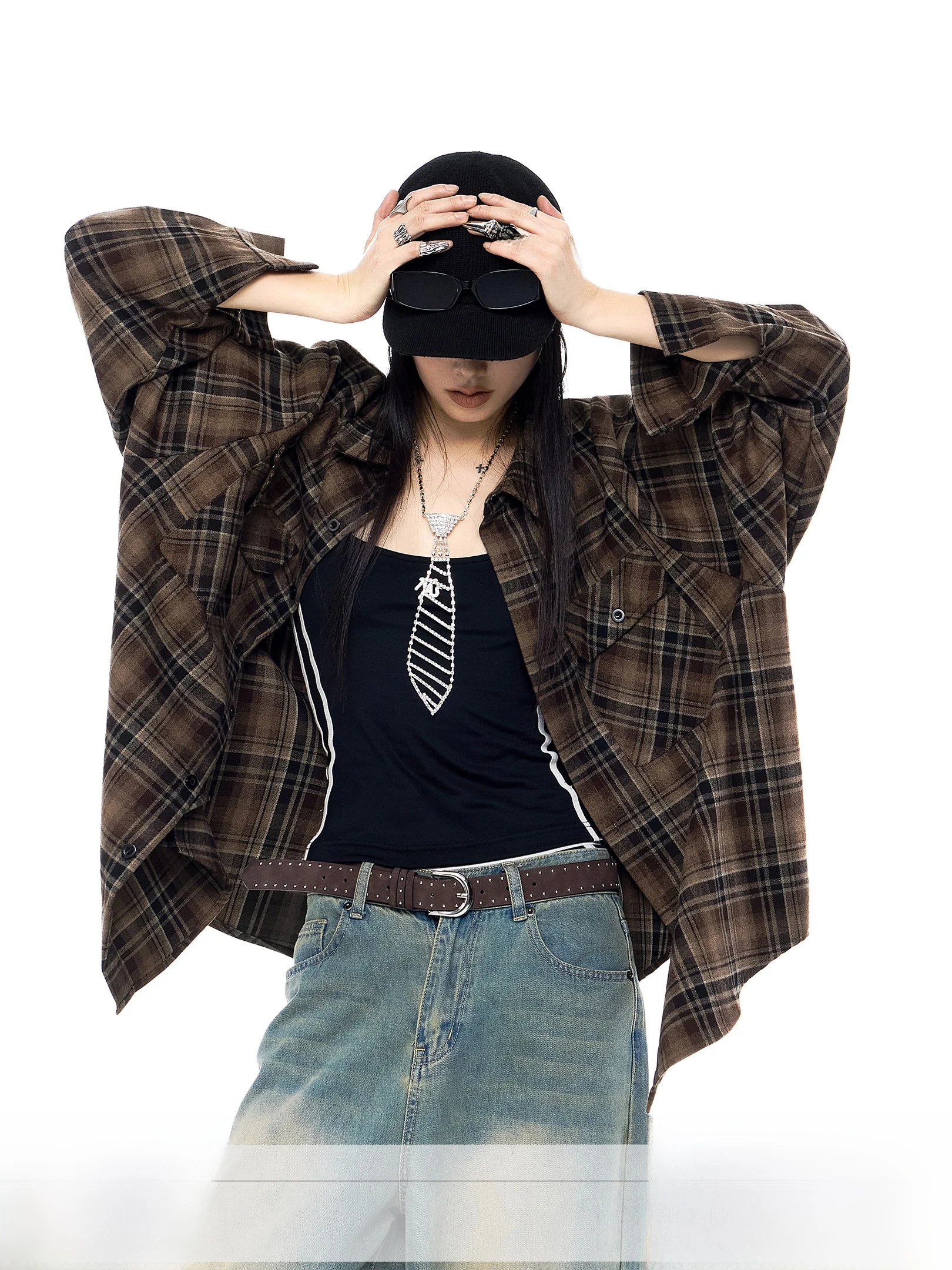 

Американская свободная клетчатая рубашка-пальто для женщин, новинка весны, повседневный топ ICH MODE из полиэстера, вискозы и спандекса на молнии