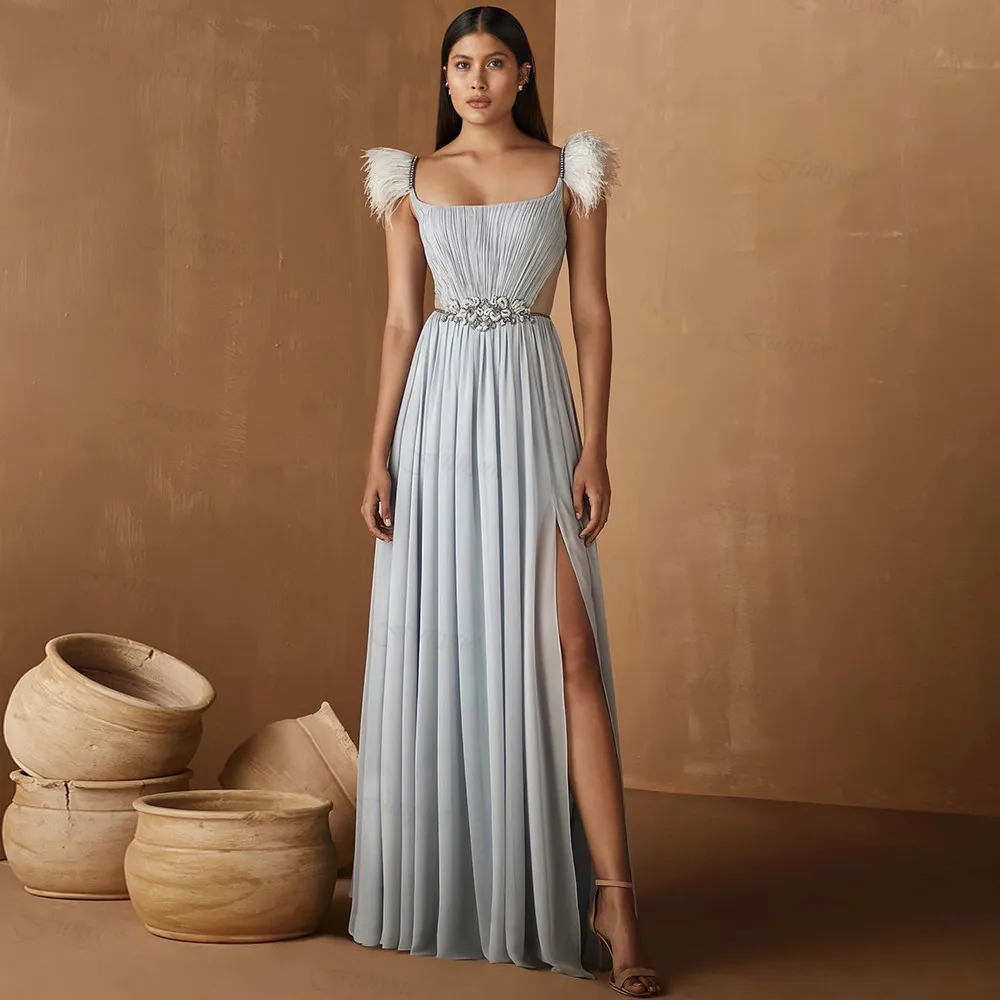 

Dusty Blue Chiffon A-line Prom Dresses Long 2023 Beads Crystal Pleats Evening Party Dress Slit Feathers Women's Formal Prom Gown