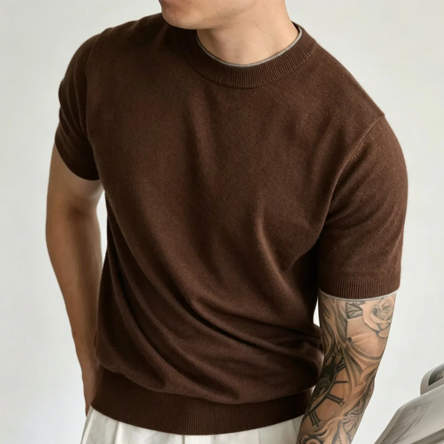 Light Luxury Cashmere Blend Anti Pilling Knitted Short Sleeved Round Neck T-shirt for Men