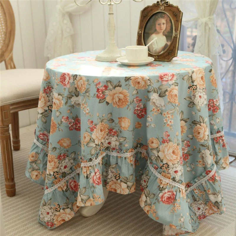 Blue Purple Cotton Tablecloth French Pastoral  Wheat Ear Lace Trim - Multi-Purpose  Tablecloth Sofa TV Cover, Coffee Table Decor