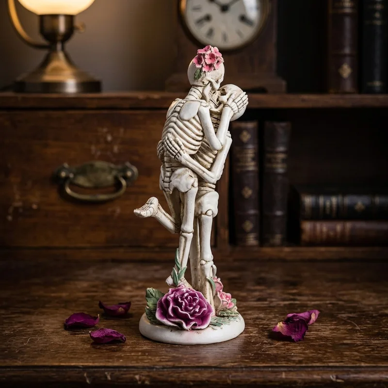 Cross-border new product resin skull couple ornaments eternal flower skeleton lover statue Halloween