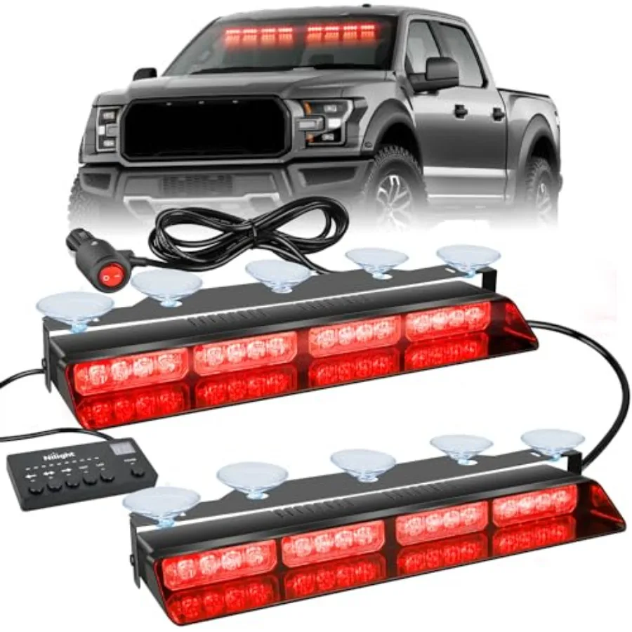32LED Emergency Dash Strobe Lights with Controller Suction Cups Warning Hazard Interior Front/Rear Windshield Deck Split Light