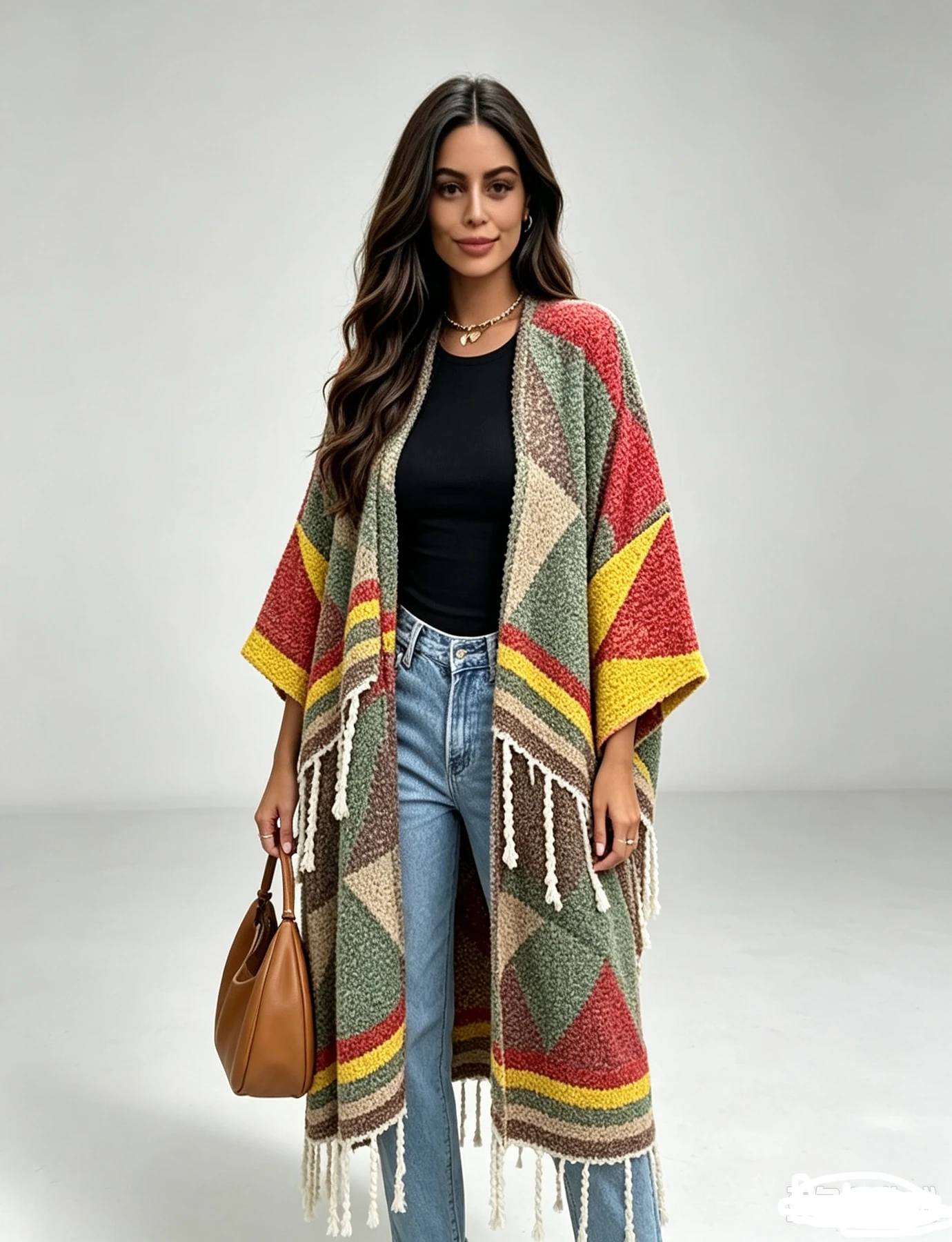 Women's Winter New Geometric Triangle Printed  Long Kimonos Cardigans Open Front Tassel Coat Fall Casual Outerwear Jacket