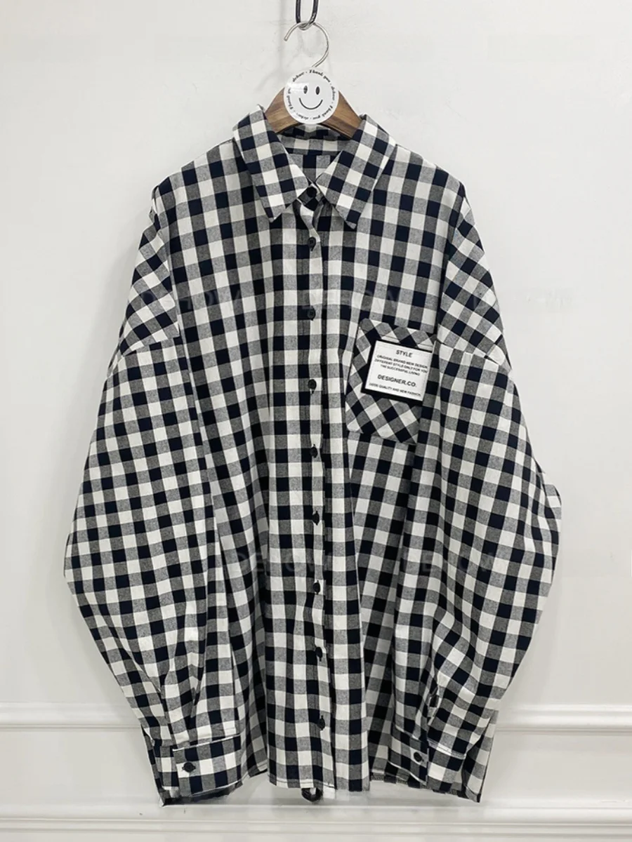 

Chic Autumn Plaid Long Sve irt Letter Patchwork Stand Collar Button Ba Split Design Women's Premium Faion Top