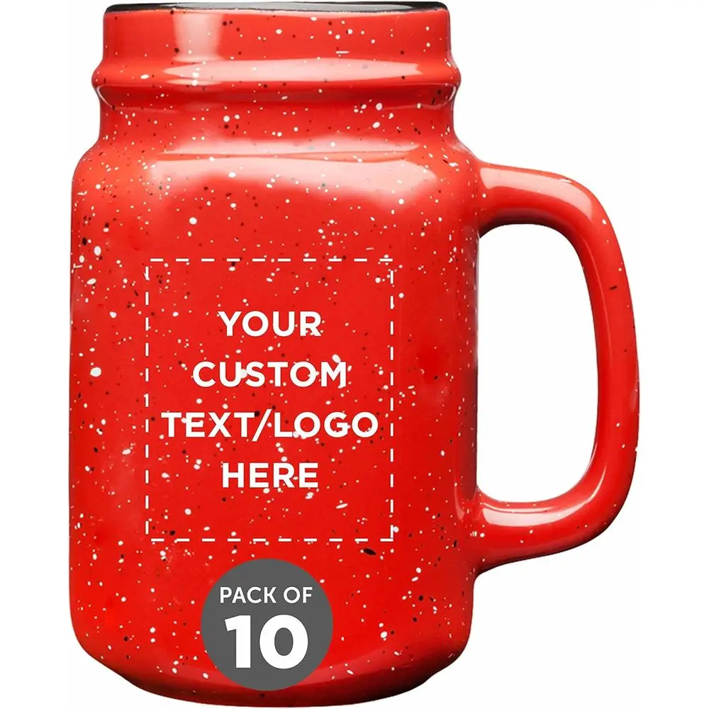 

10-Piece Speckle Stoneware Mason Jars, 16 oz, Customizable, Durable Red with C-handle