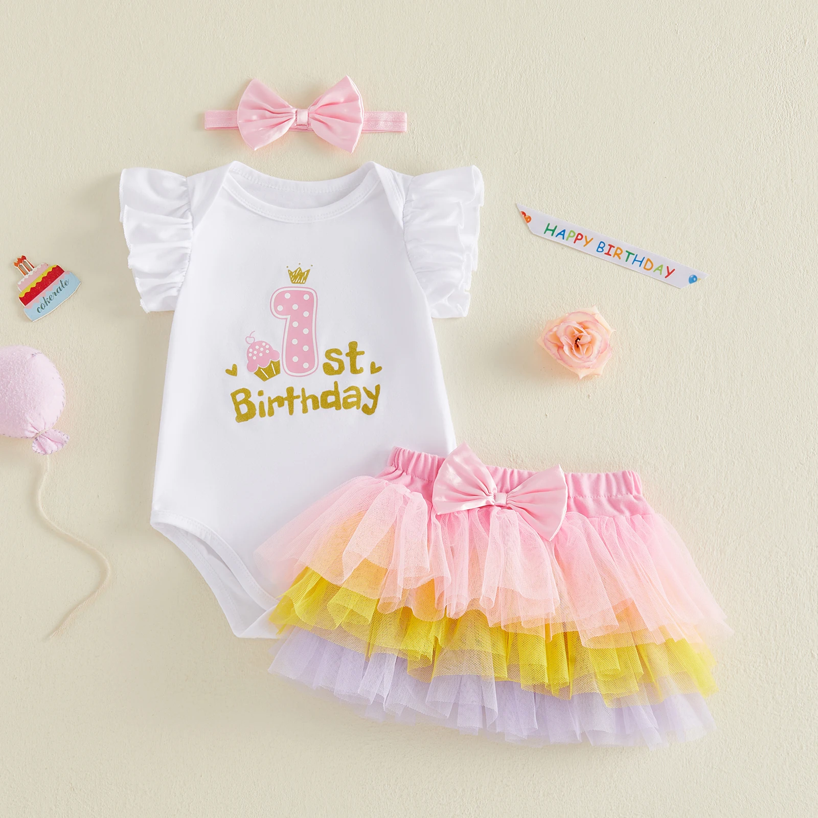 Baby Girl First Birthday Outfit Letter Print Flying Sleeve Romper Bow Layered Mesh Skirt and Bow Headband 3 Pcs Set