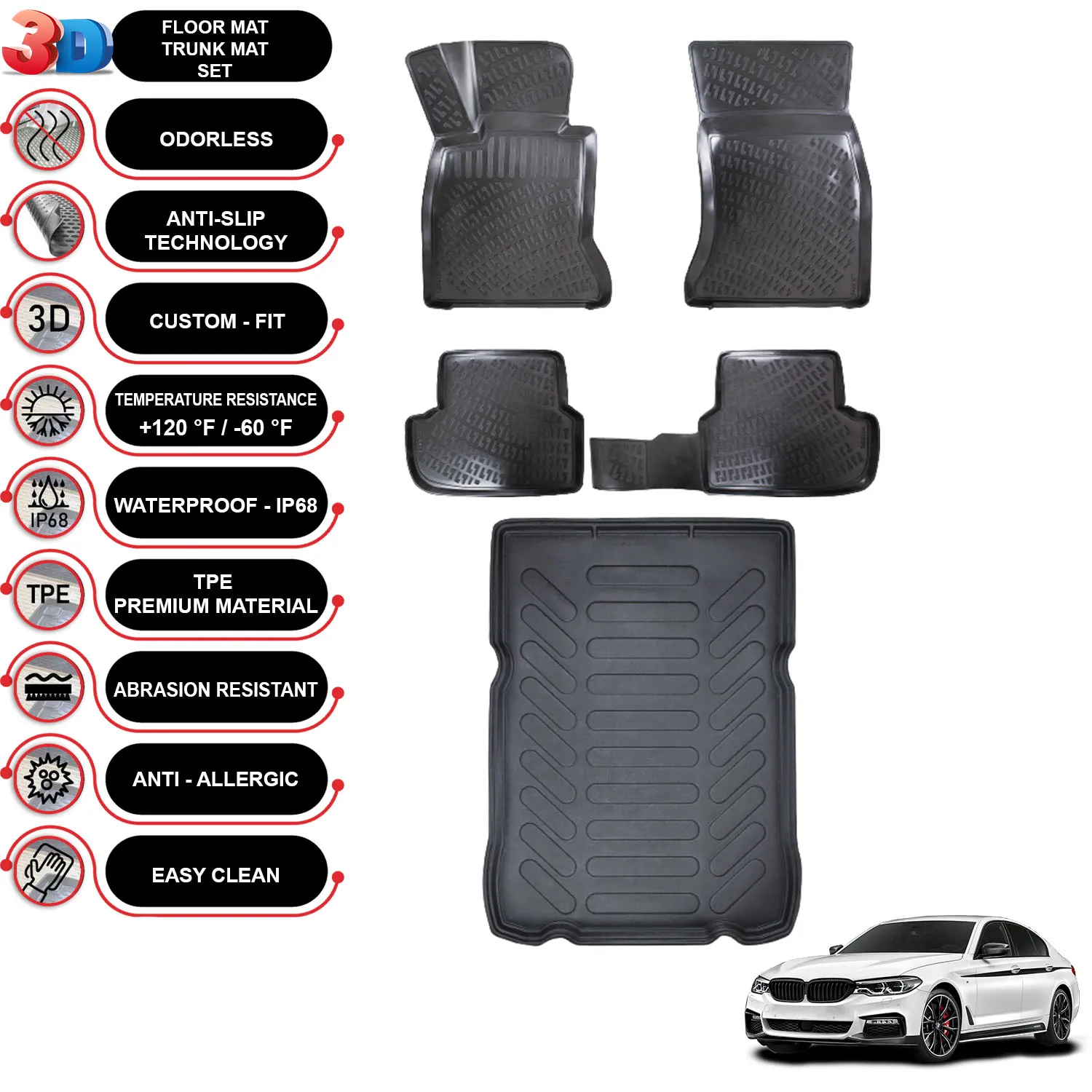 

BMW 5 G30 - (2016-2023) - Floor Mats + Cargo Trunk Liner - SET - (Black)