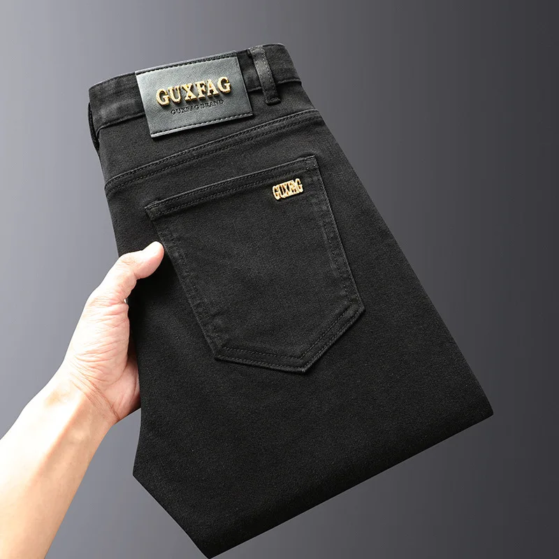 Celana jeans hitam elastis pria, Legging kaki lurus klasik, celana bisnis elastis tren mode baru 2024