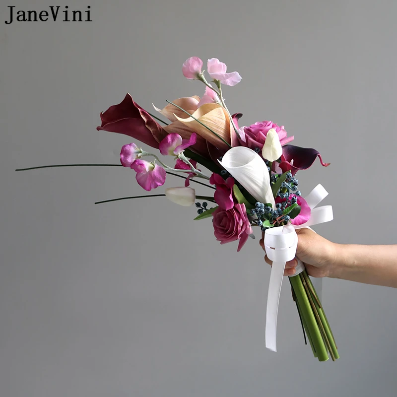 JaneVini White Calla Lily Bridal Flowers Bouquet Wedding Accessories Handmade Silk Bride Flower Bouquet Ramos Flores Boda 2023