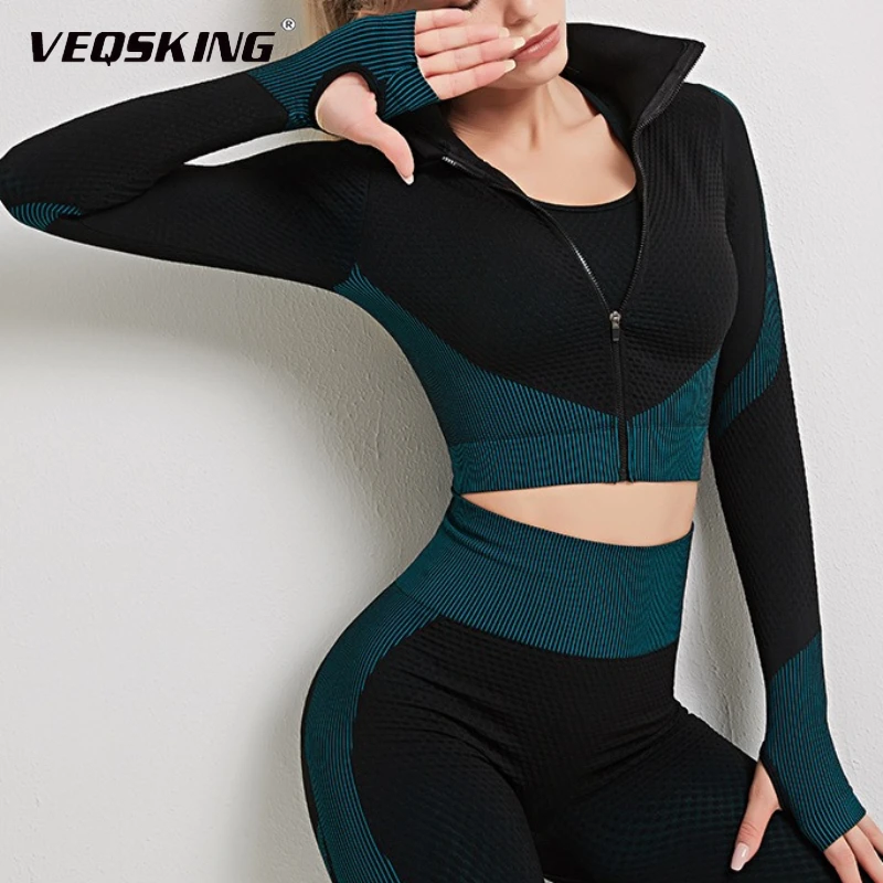 

Женский бесшовный комплект костюма для йоги, трикотажные штаны для йоги с высокой талией, приталенный комплект для фитнеса с длинными рукавами, быстросохнущий комплект