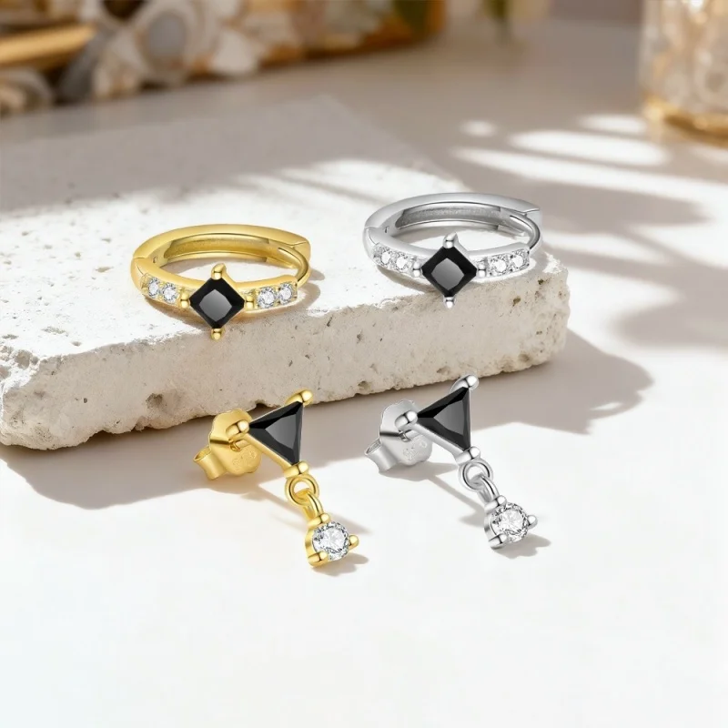 TrustDavis Reale 925 Sterling Silver Moda semplice Triangolare Nero Singolo Impilato Orecchino per Le Donne Ragazze Regalo Dei Monili DS4743