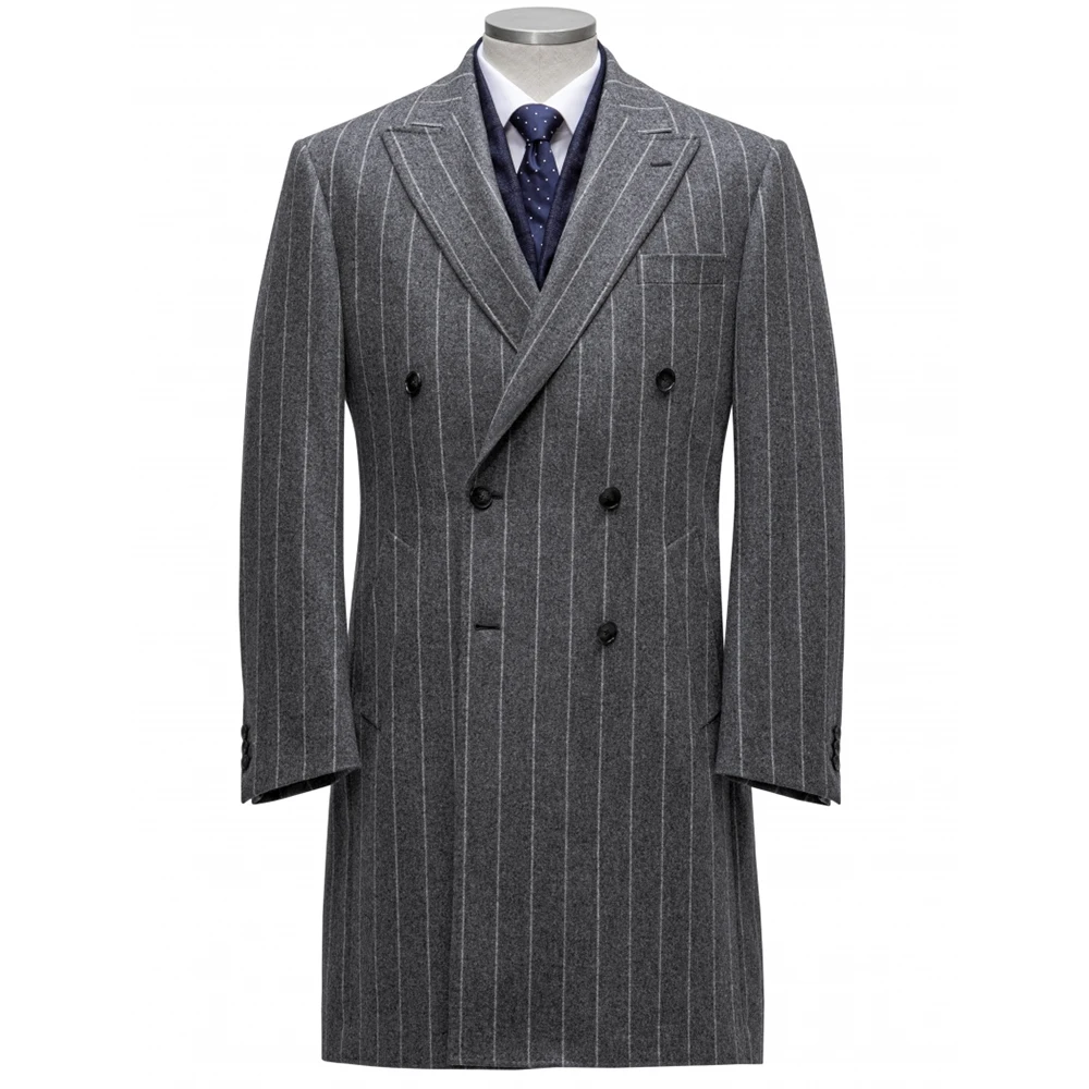 Custom Made Long Coats For Man Middle Grey Chalk Stripe Coat Custom Made Warm Wool Blend Tailored Slim Long Jacket Autumn Spring