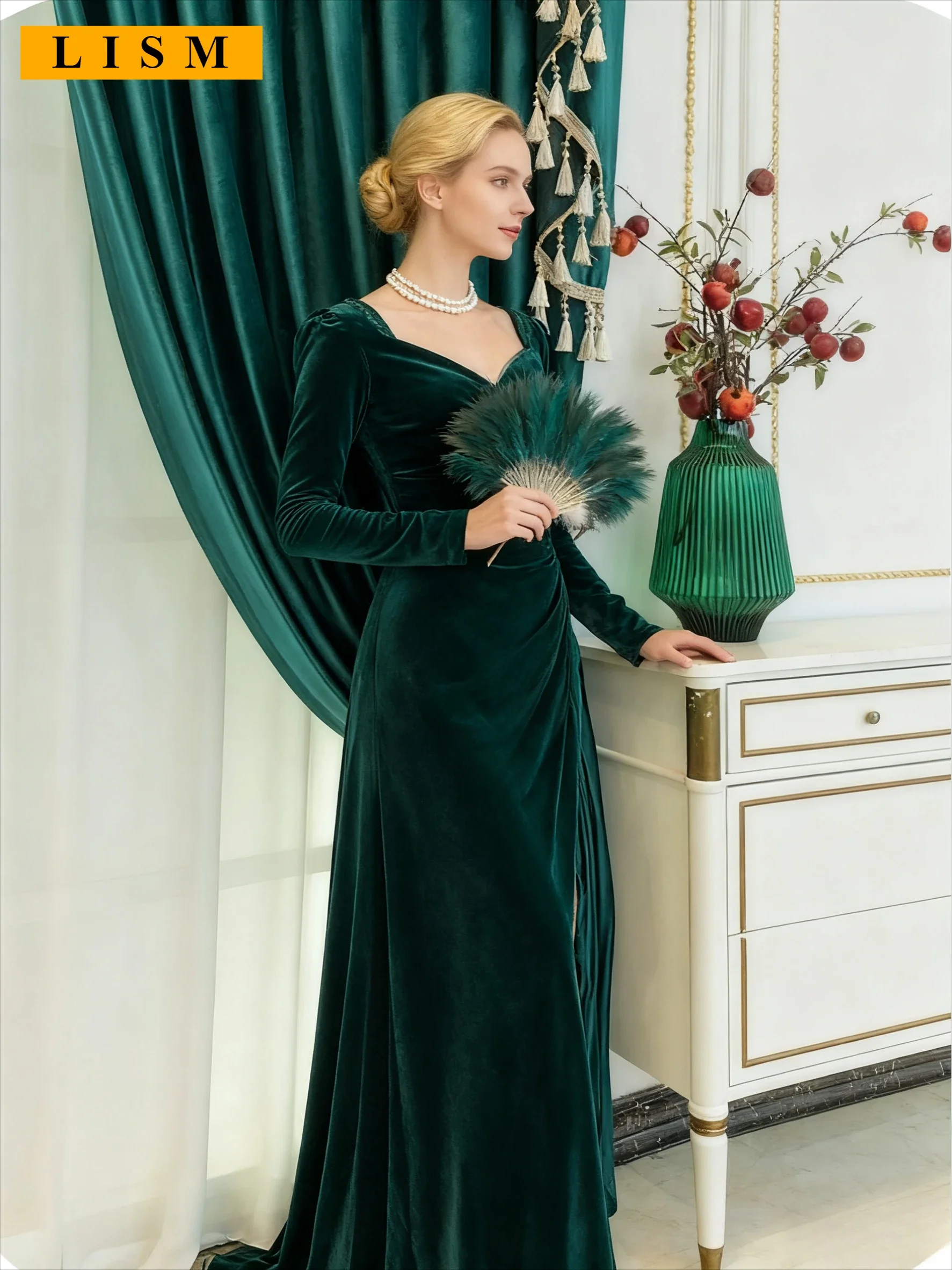 

Custom High-end European Blackout Velvet Curtains Villa Living Room Bedroom Floor-to-ceiling Windows Valance Peacock Blue Cloth