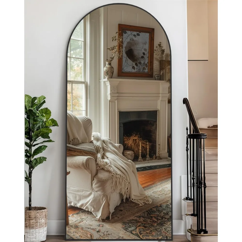 مرآة قائمة على الأرض مقوسة كبيرة، مرآة بإطار من الألومنيوم لكامل الجسم مقاس 68 × 26 مع حامل، مرايا كاملة الطول قائمة بذاتها للمنزل