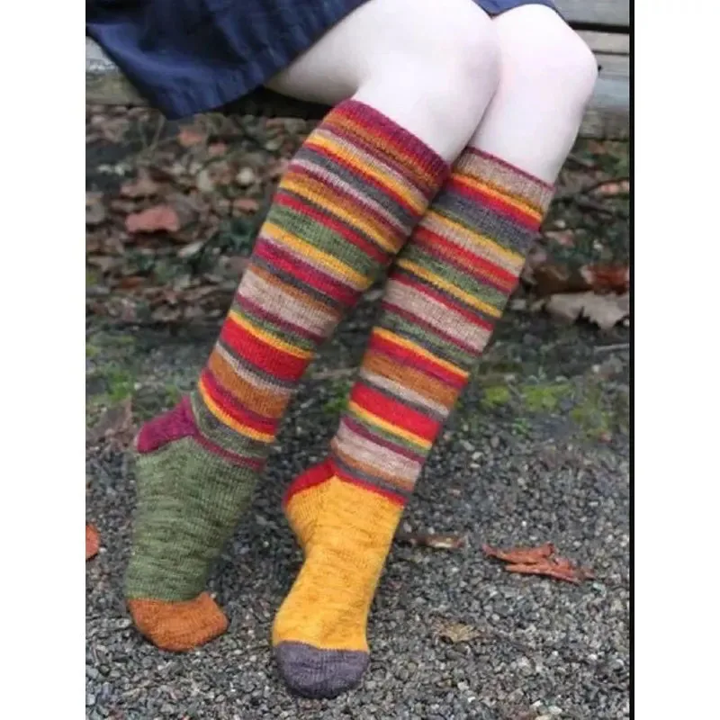 

Colorful striped women's stockings Christmas colored knee cotton socks