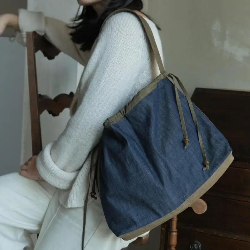New Fashionable Denim Pure Cotton Canvas Shoulder Bags With Drawstring Drawstring Style Large Capacity Simple Casual Women's Bag