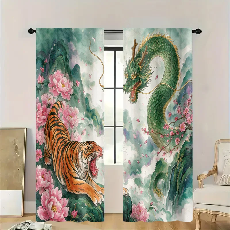 Watercolor Dragon and Tiger Floral Pattern Window Curtains Decorative Panel Home Decor Semi Sheer Asian Mythology Accent