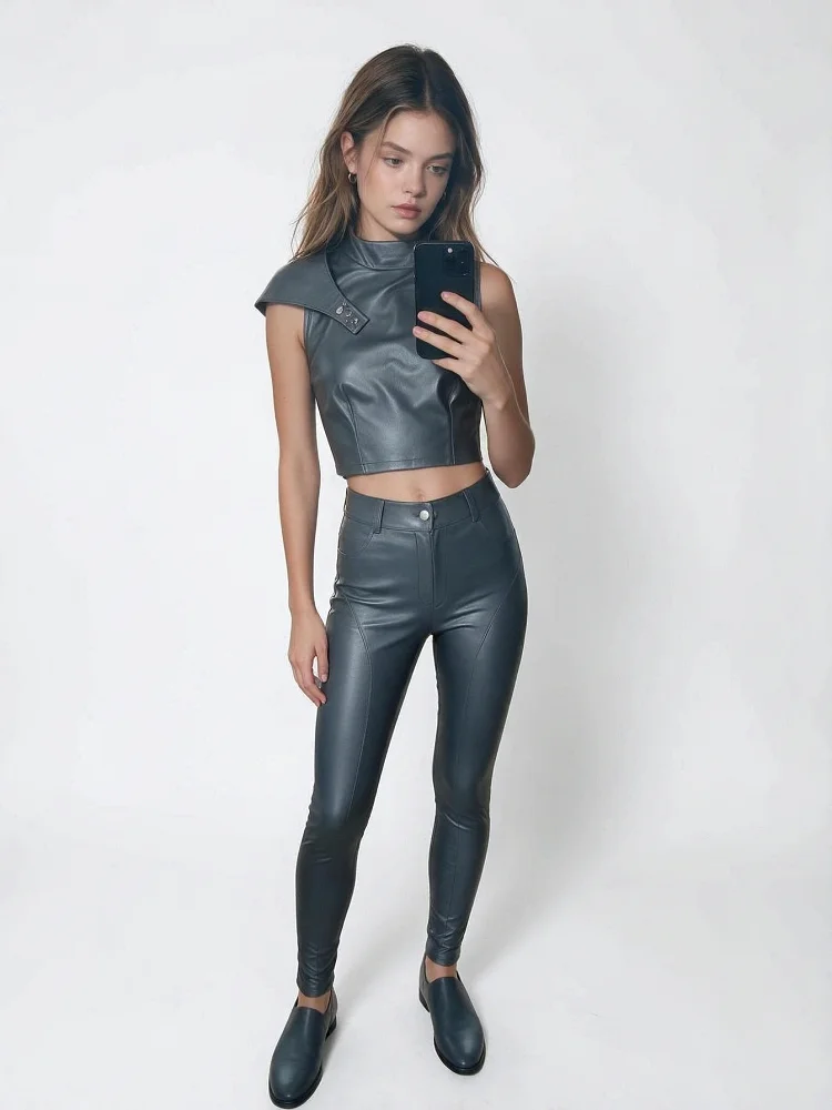Women PU Leather Leggings High Waisted Skinny Pants Slimming Shaping Leg Trousers Glossy Faux Latex Jeggings Female Streetwear