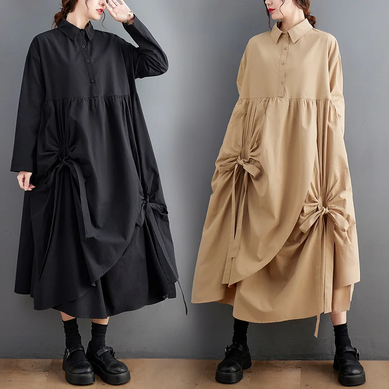 #6827 Black Khaki Long Shirt Dress Polo Neck Buttons Pockets Asymmetric Shirt Dress Women Loose Split Joint Vintage Midi Dress