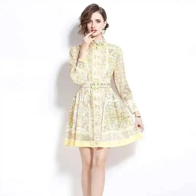 Runway 2025 Spring Golden White Porcelain Flower Short Dress Shirt Women\'s Summer Long Full Sleeve Print Party Vestidos