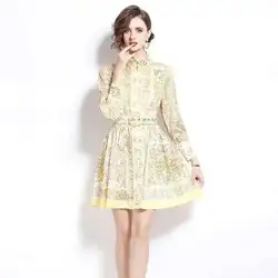 Runway 2025 Spring Golden White Porcelain Flower Short Dress Shirt Women's Summer Long Full Sleeve Print Party Vestidos