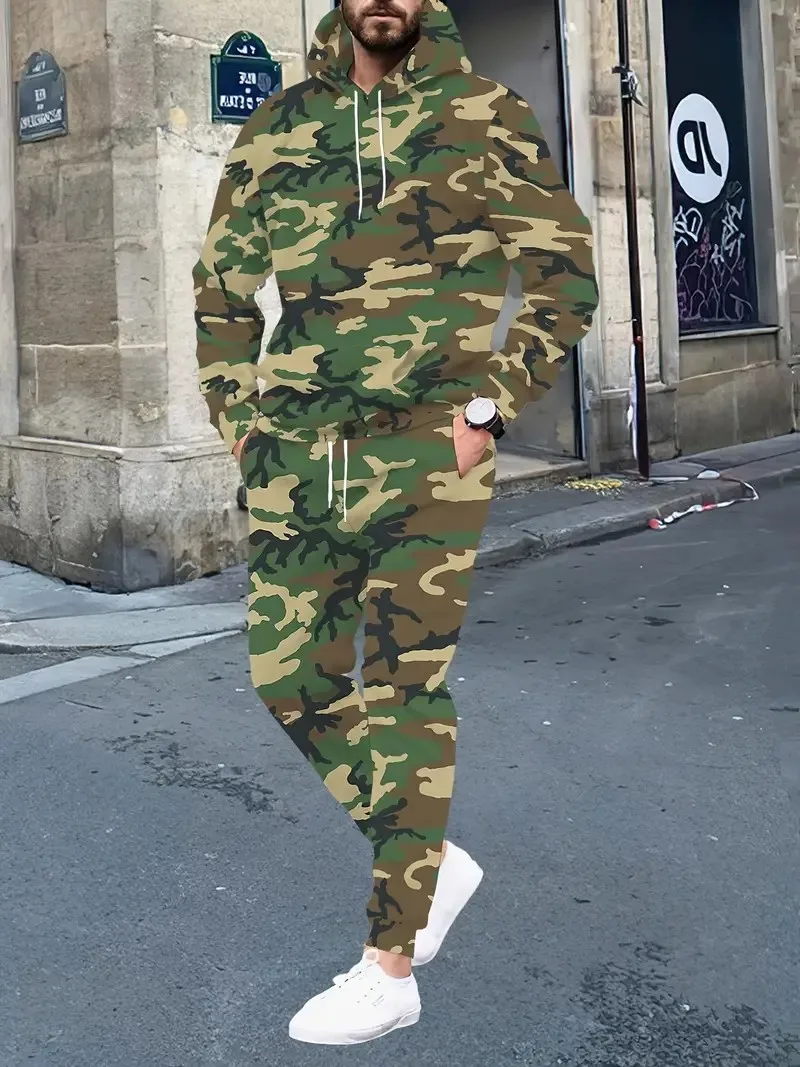 

The new men's hoodie set for Spring and Autumn 2025 is a casual and fashionable streetwear collection with camouflage prints
