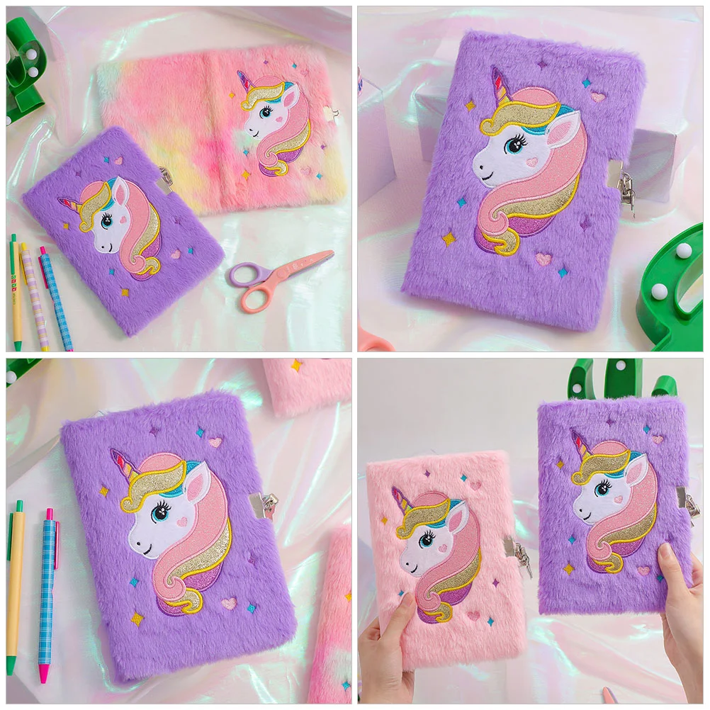 Unicorn Notebook Buro Diary with Lock Pocket for Girls Unicorns Pattern Notepad Fuzzy Plush Kids Notebooks The