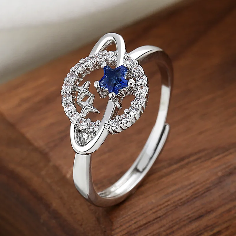Huitan Planet Finger Ring for Women Fashionable Blue Stars Silver Color Rings Daily Wear Statement Accessories Creative Jewelry