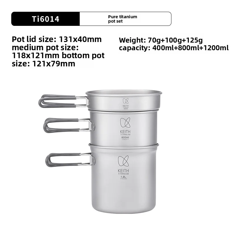 KEITH Titanium Camping Kookgerei Set 3-delige Pan- en Pannenset 400ml 800ml 1.2L Ultralichte Outdoor Kookset voor Gasfornuis Ti6014